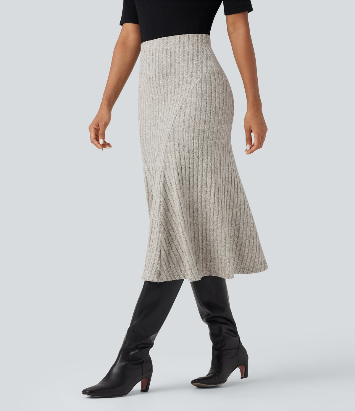Ribbed Knit High-waisted Midi Casual A-line Skirt — Warm Grey Floral Velvet — view 3