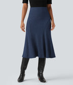 Ribbed Knit High-waisted Midi Casual A-line Skirt — Cabbage Floral Yarn — view 6
