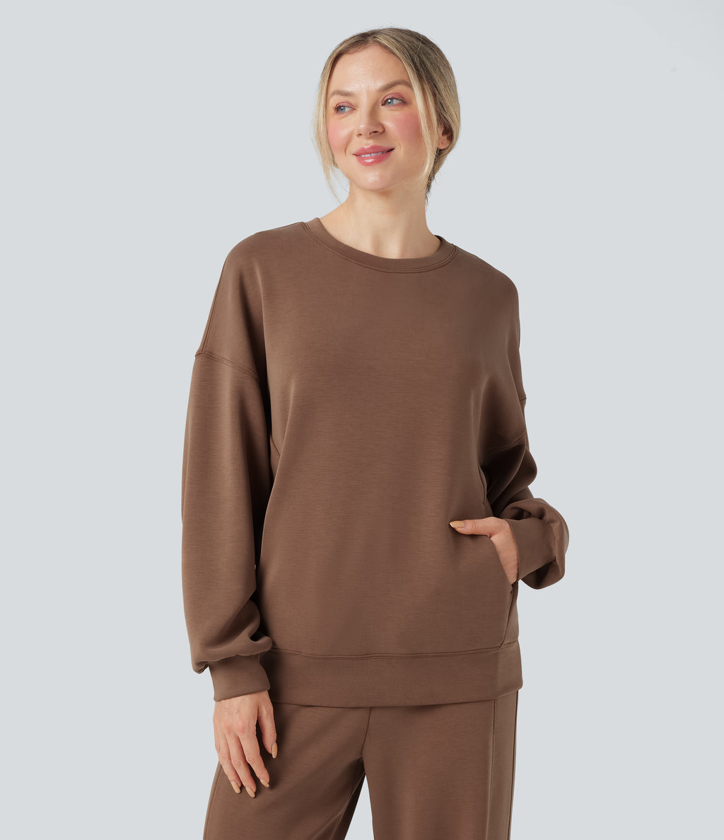 SpacerTek Round Neck Long Sleeve Crossover Back Casual Sweatshirt with Pockets — Pecan Pie — view 3