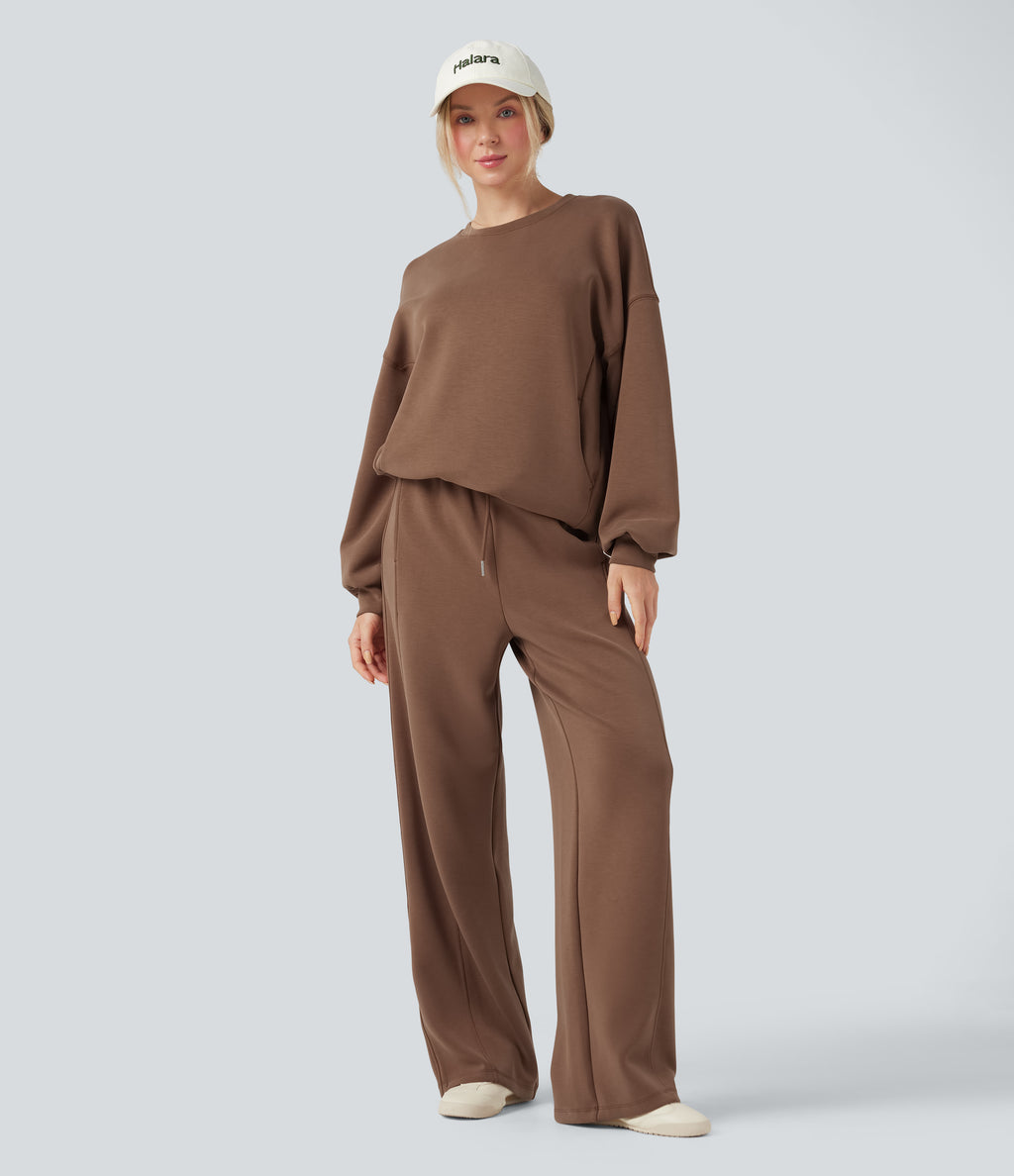SpacerTek Round Neck Long Sleeve Crossover Back Casual Sweatshirt with Pockets — Pecan Pie — view 1