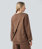 SpacerTek Round Neck Long Sleeve Crossover Back Casual Sweatshirt with Pockets — Pecan Pie — view 2
