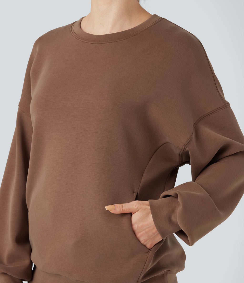 SpacerTek Round Neck Long Sleeve Crossover Back Casual Sweatshirt with Pockets — Pecan Pie — view 5