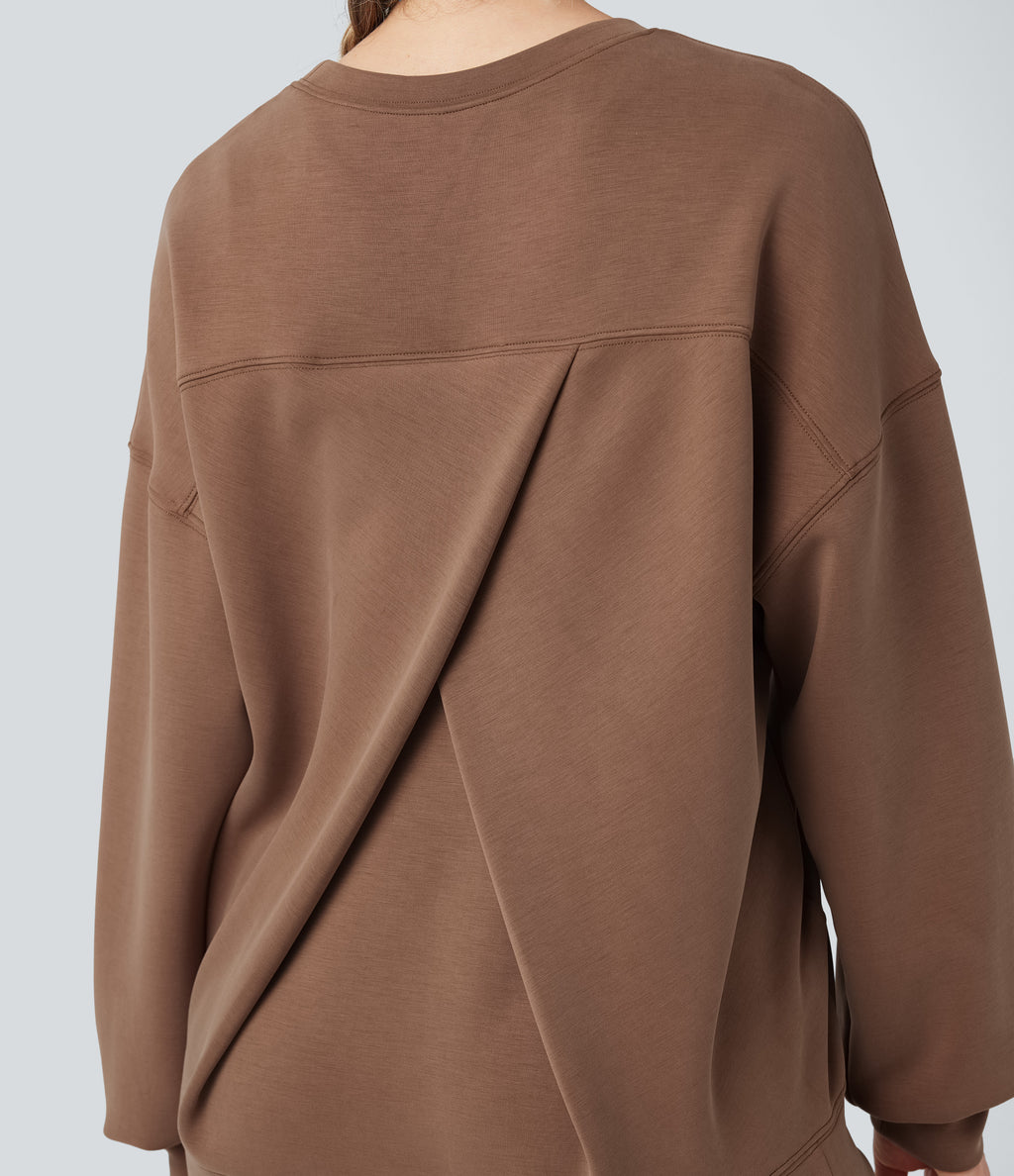 SpacerTek Round Neck Long Sleeve Crossover Back Casual Sweatshirt with Pockets — Pecan Pie — view 6