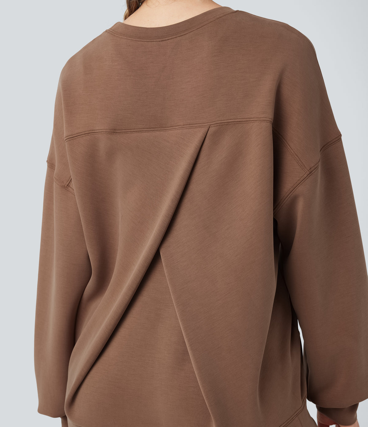 SpacerTek Round Neck Long Sleeve Crossover Back Casual Sweatshirt with Pockets — Pecan Pie — view 6