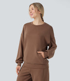 SpacerTek Round Neck Long Sleeve Crossover Back Casual Sweatshirt with Pockets — Pecan Pie — view 4