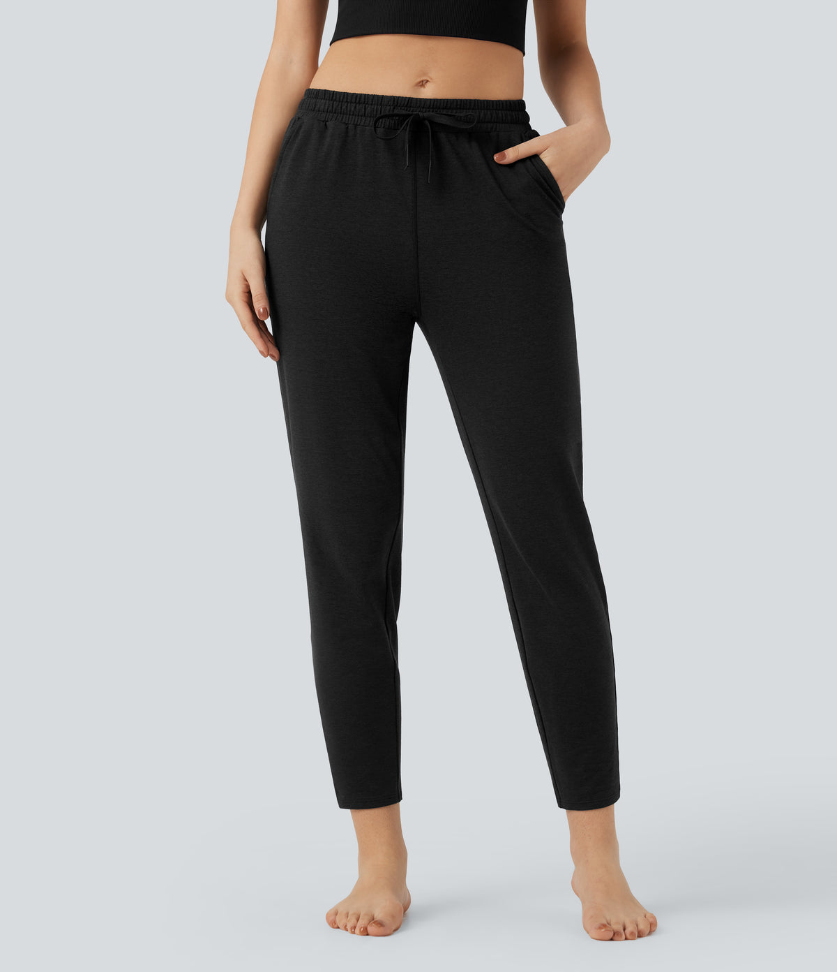 Mid Rise Drawstring Quick Dry Lounge Heathered Warming Trousers with Pockets-UPF40+ — Coal Fade — view 3