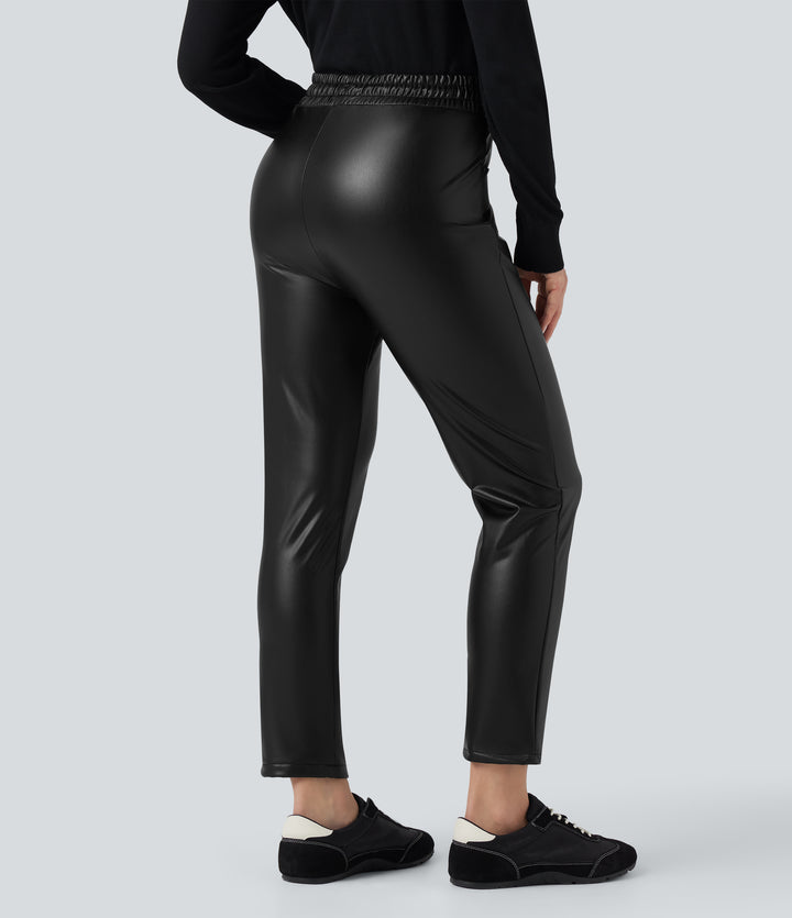 High Waisted Drawstring Stretchy PU Faux Leather Fleece 7/8 Casual Tapered Trousers with Pockets — Black — view 2