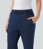 Mid Rise French Terry Casual Flaredd Sweatpants Jeans with Pockets — Pageant Blue Denim — view 5