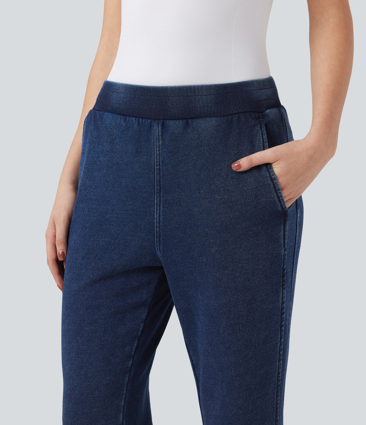 Mid Rise French Terry Casual Flaredd Sweatpants Jeans with Pockets — Pageant Blue Denim — view 5