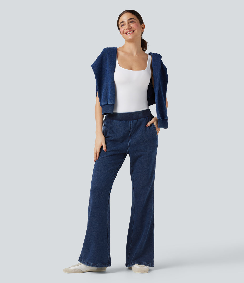 Mid Rise French Terry Casual Flaredd Sweatpants Jeans with Pockets — Pageant Blue Denim — view 6