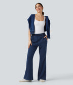 Mid Rise French Terry Casual Flaredd Sweatpants Jeans with Pockets — Pageant Blue Denim — view 6