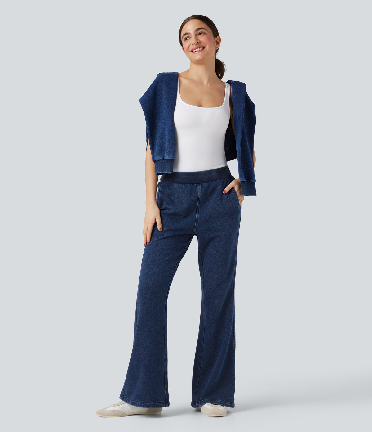 Mid Rise French Terry Casual Flaredd Sweatpants Jeans with Pockets — Pageant Blue Denim — view 6