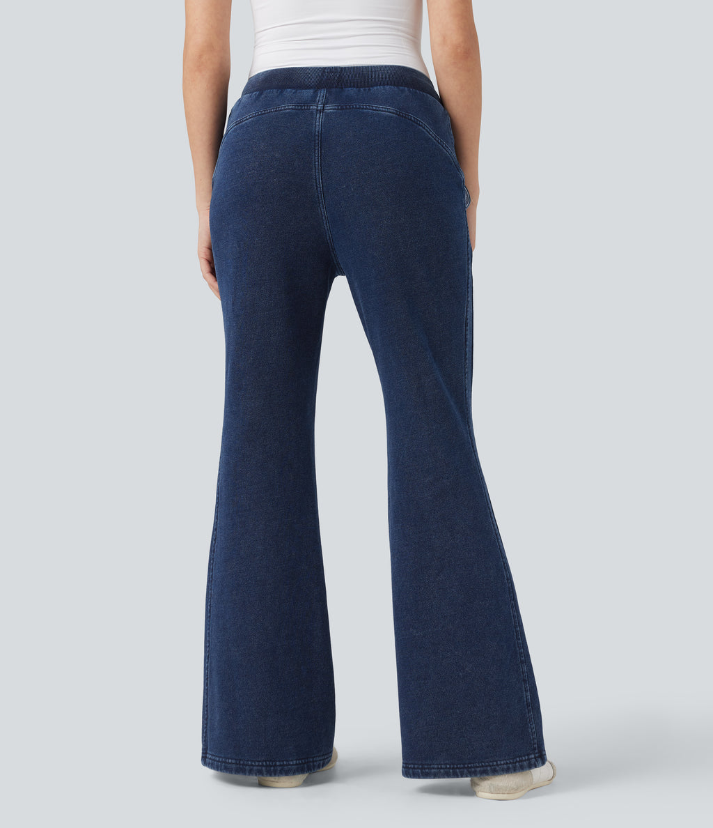 Mid Rise French Terry Casual Flaredd Sweatpants Jeans with Pockets — Pageant Blue Denim — view 2