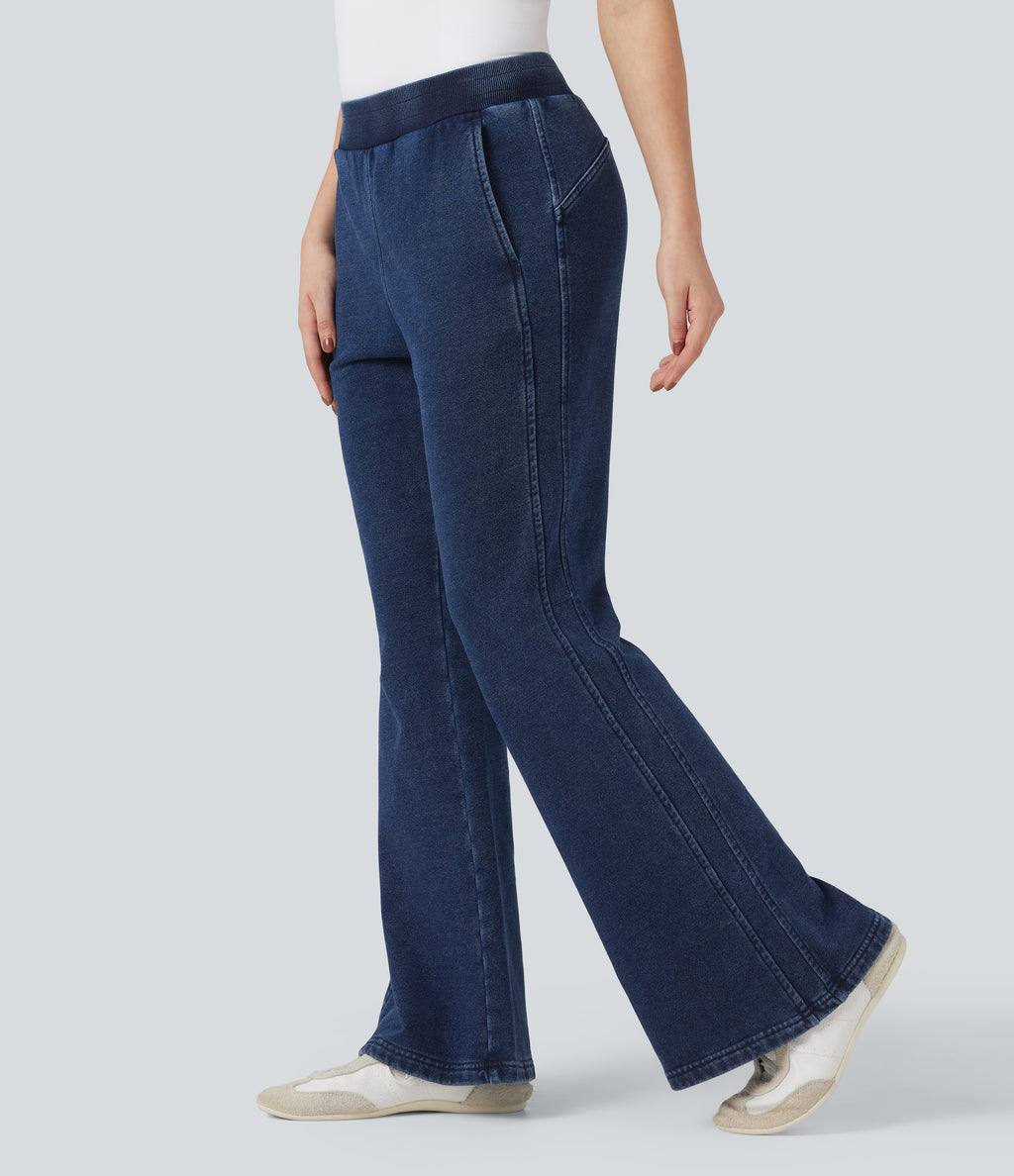 Mid Rise French Terry Casual Flaredd Sweatpants Jeans with Pockets — Pageant Blue Denim — view 1