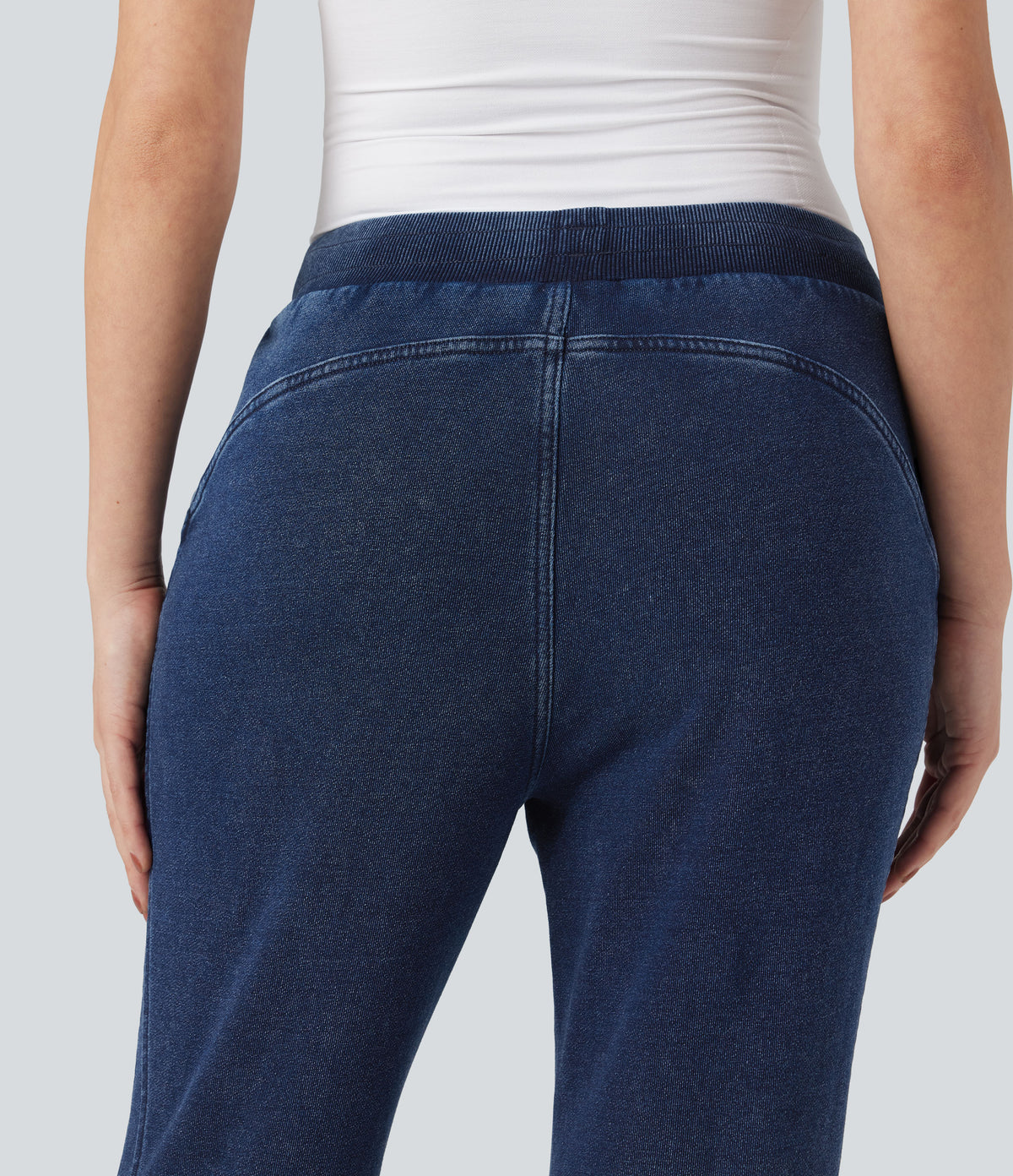 Mid Rise French Terry Casual Flaredd Sweatpants Jeans with Pockets — Pageant Blue Denim — view 4
