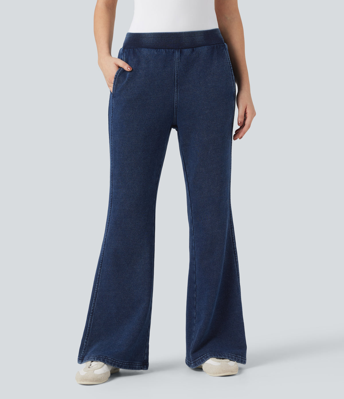 Mid Rise French Terry Casual Flaredd Sweatpants Jeans with Pockets — Pageant Blue Denim — view 3