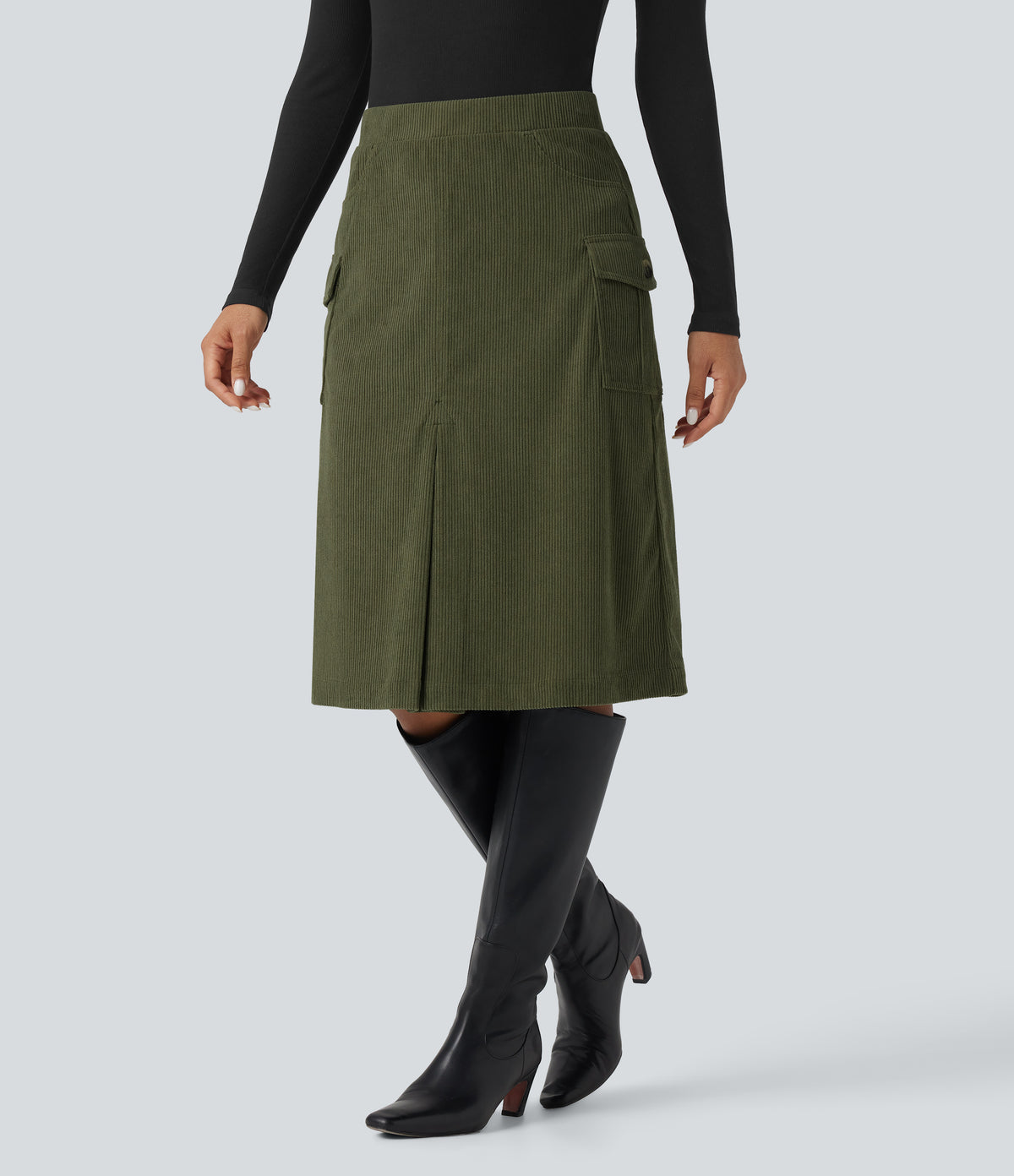 High Waisted A-line Corduroy Casual Midi Skirt with Pockets — Hazel Mist Green — view 1