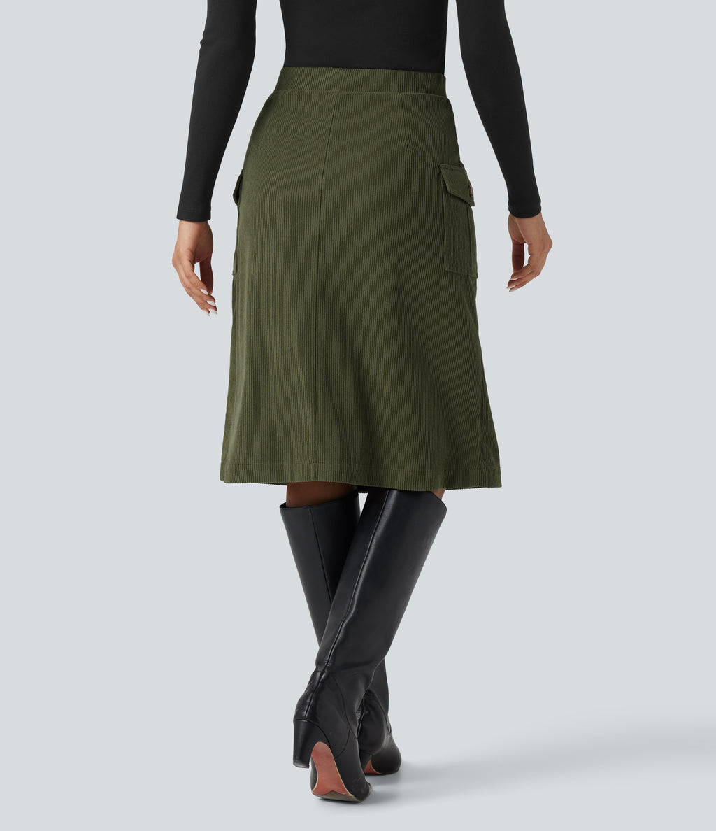 High Waisted A-line Corduroy Casual Midi Skirt with Pockets — Hazel Mist Green — view 2