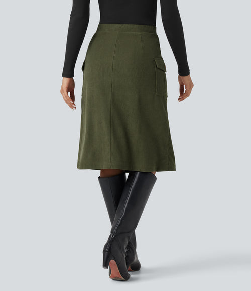 High Waisted A-line Corduroy Casual Midi Skirt with Pockets — Hazel Mist Green — view 2
