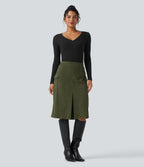 High Waisted A-line Corduroy Casual Midi Skirt with Pockets — Hazel Mist Green — view 6