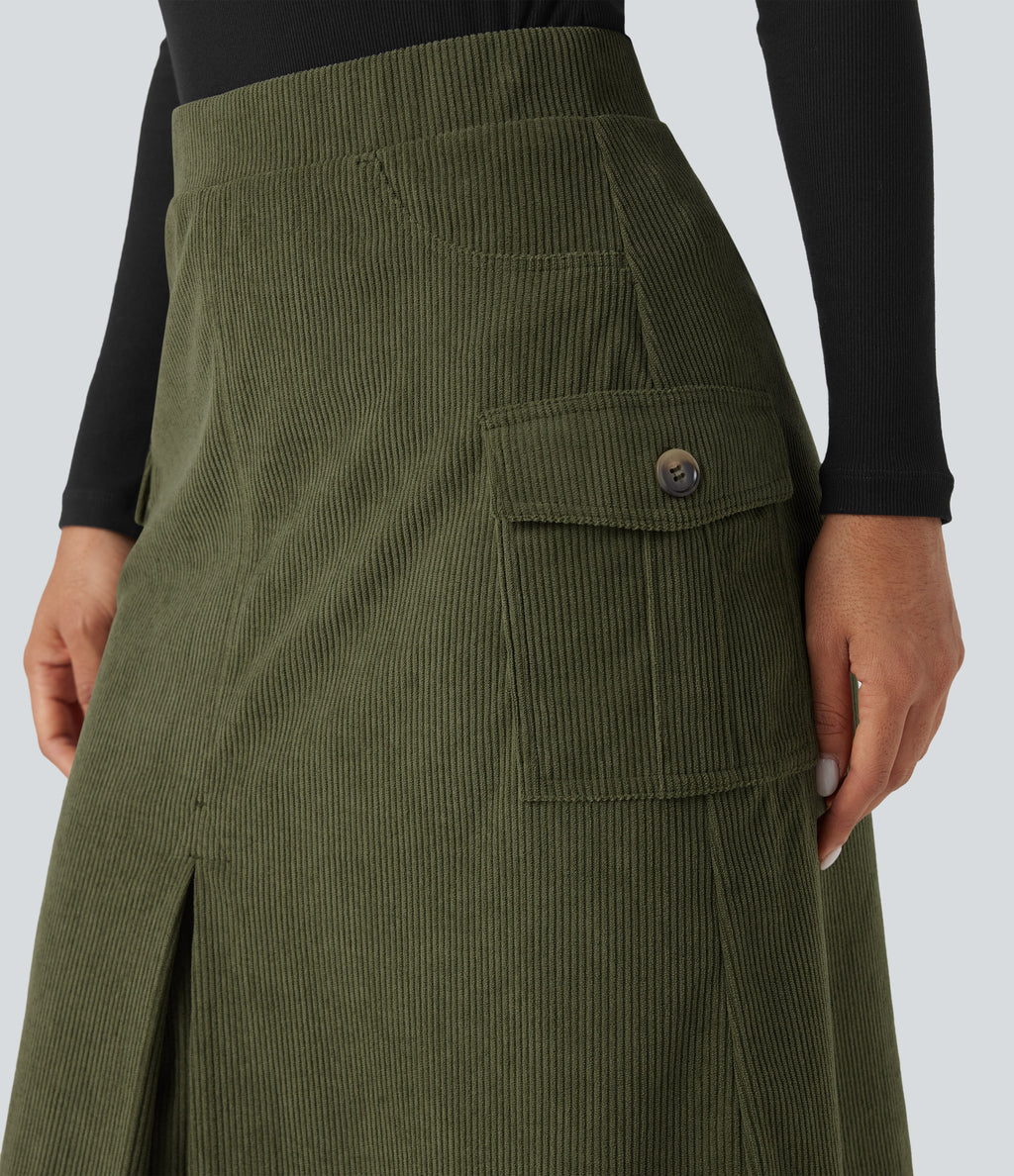 High Waisted A-line Corduroy Casual Midi Skirt with Pockets — Hazel Mist Green — view 5