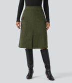 High Waisted A-line Corduroy Casual Midi Skirt with Pockets — Hazel Mist Green — view 3