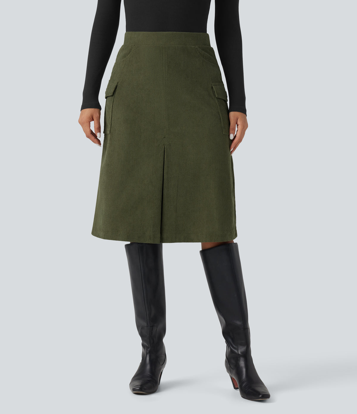 High Waisted A-line Corduroy Casual Midi Skirt with Pockets — Hazel Mist Green — view 3