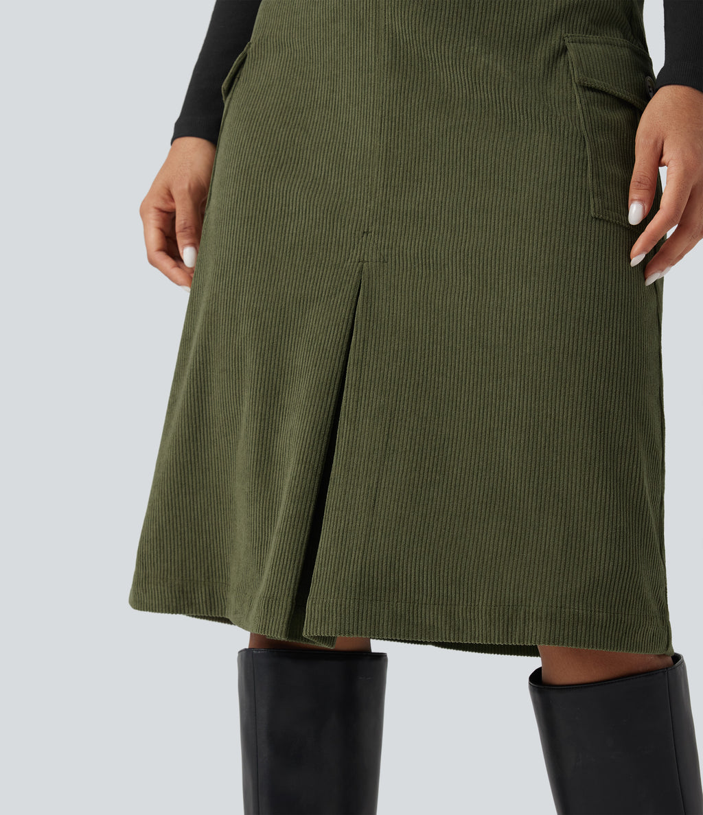 High Waisted A-line Corduroy Casual Midi Skirt with Pockets — Hazel Mist Green — view 4