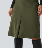 High Waisted A-line Corduroy Casual Midi Skirt with Pockets — Hazel Mist Green — view 4