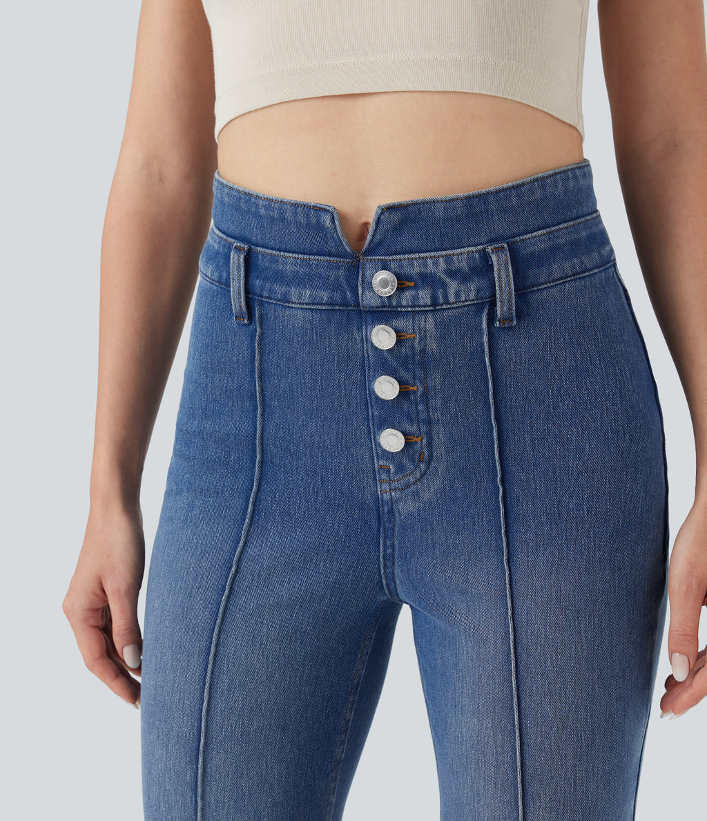 Mid Rise Tummy Control Casual Flared Jeans with Pockets — Tide Blue Denim — view 4