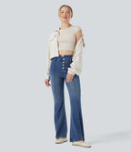 Mid Rise Tummy Control Casual Flared Jeans with Pockets — Tide Blue Denim — view 6