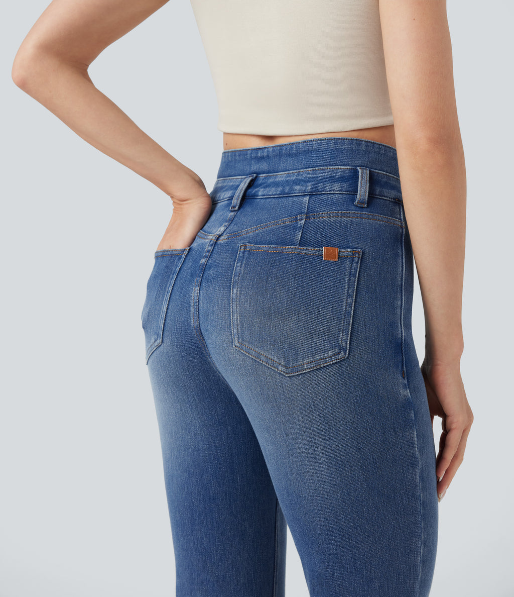 Mid Rise Tummy Control Casual Flared Jeans with Pockets — Tide Blue Denim — view 5