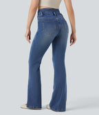 Mid Rise Tummy Control Casual Flared Jeans with Pockets — Tide Blue Denim — view 2