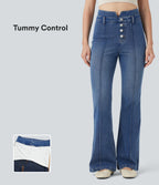 Mid Rise Tummy Control Casual Flared Jeans with Pockets — Tide Blue Denim — view 1
