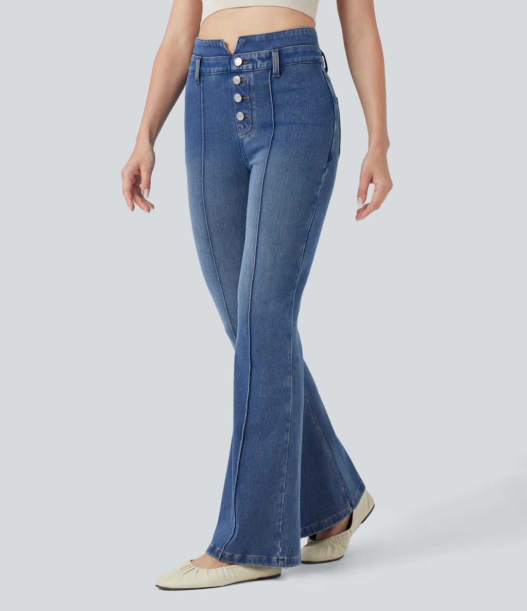 Mid Rise Tummy Control Casual Flared Jeans with Pockets — Tide Blue Denim — view 3