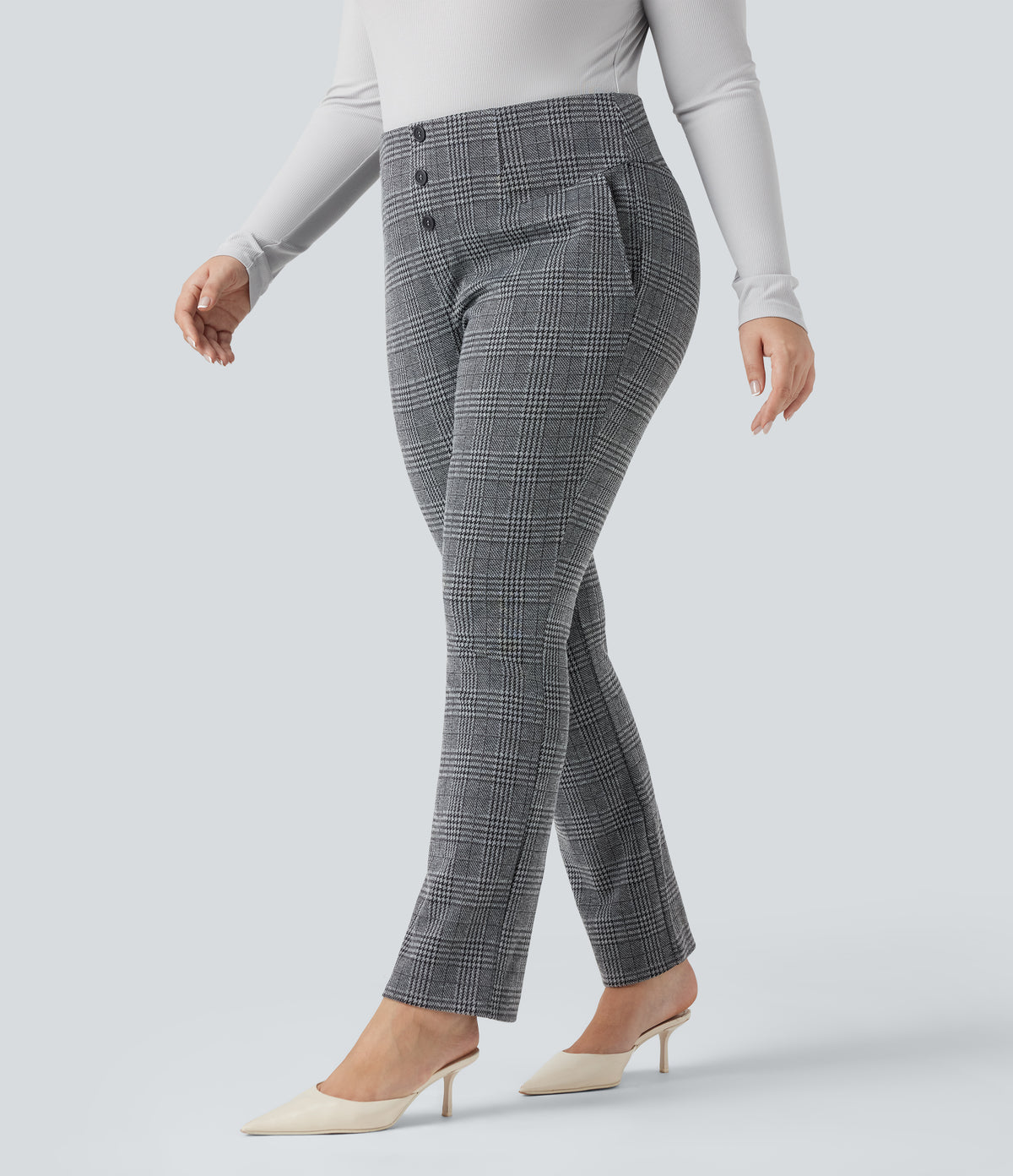 High Waisted Houndstooth Plaid Skinny Work Plus Size Trousers with Pockets — Dark Gray Plaid — view 1