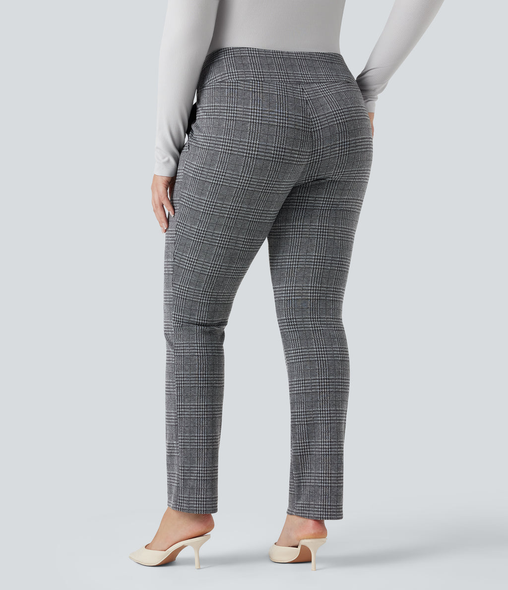 High Waisted Houndstooth Plaid Skinny Work Plus Size Trousers with Pockets — Dark Gray Plaid — view 2
