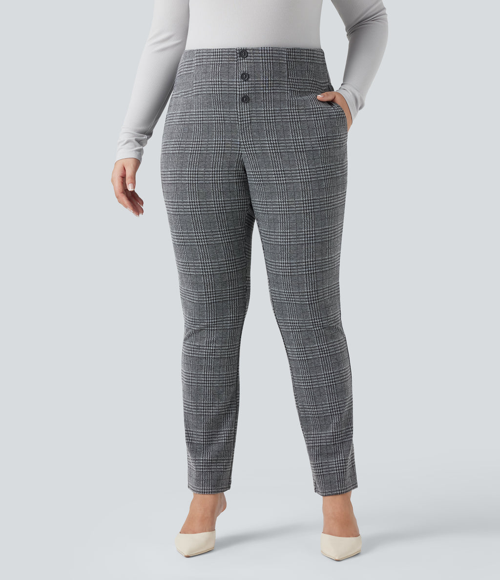 High Waisted Houndstooth Plaid Skinny Work Plus Size Trousers with Pockets — Dark Gray Plaid — view 3