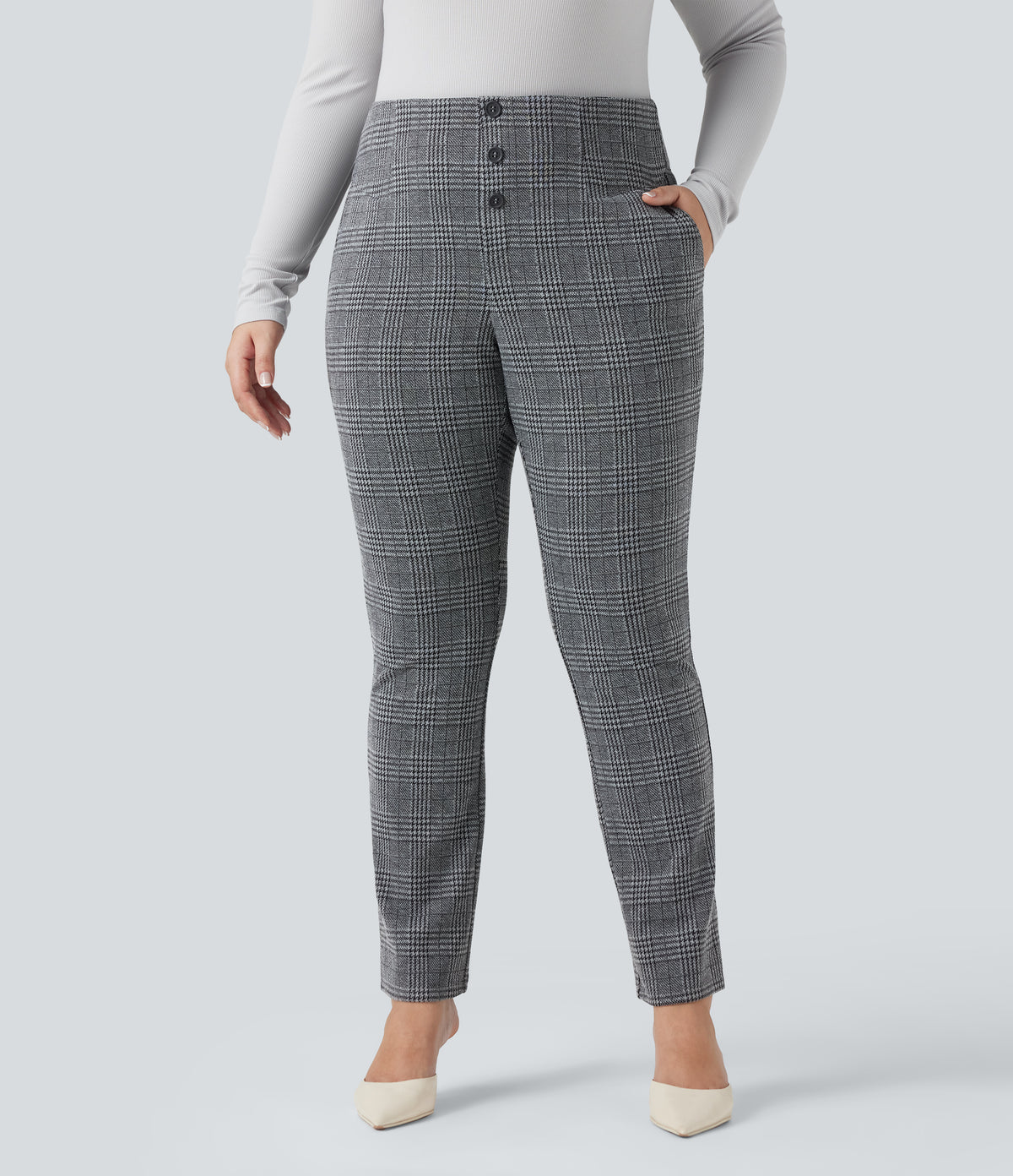 High Waisted Houndstooth Plaid Skinny Work Plus Size Trousers with Pockets — Dark Gray Plaid — view 3