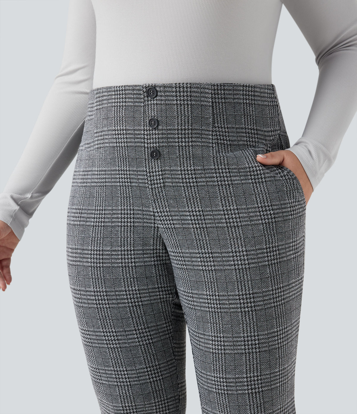 High Waisted Houndstooth Plaid Skinny Work Plus Size Trousers with Pockets — Dark Gray Plaid — view 4