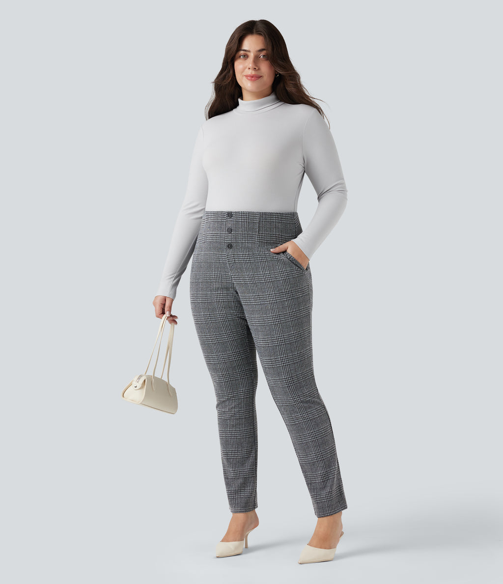 High Waisted Houndstooth Plaid Skinny Work Plus Size Trousers with Pockets — Dark Gray Plaid — view 6
