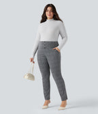 High Waisted Houndstooth Plaid Skinny Work Plus Size Trousers with Pockets — Dark Gray Plaid — view 6