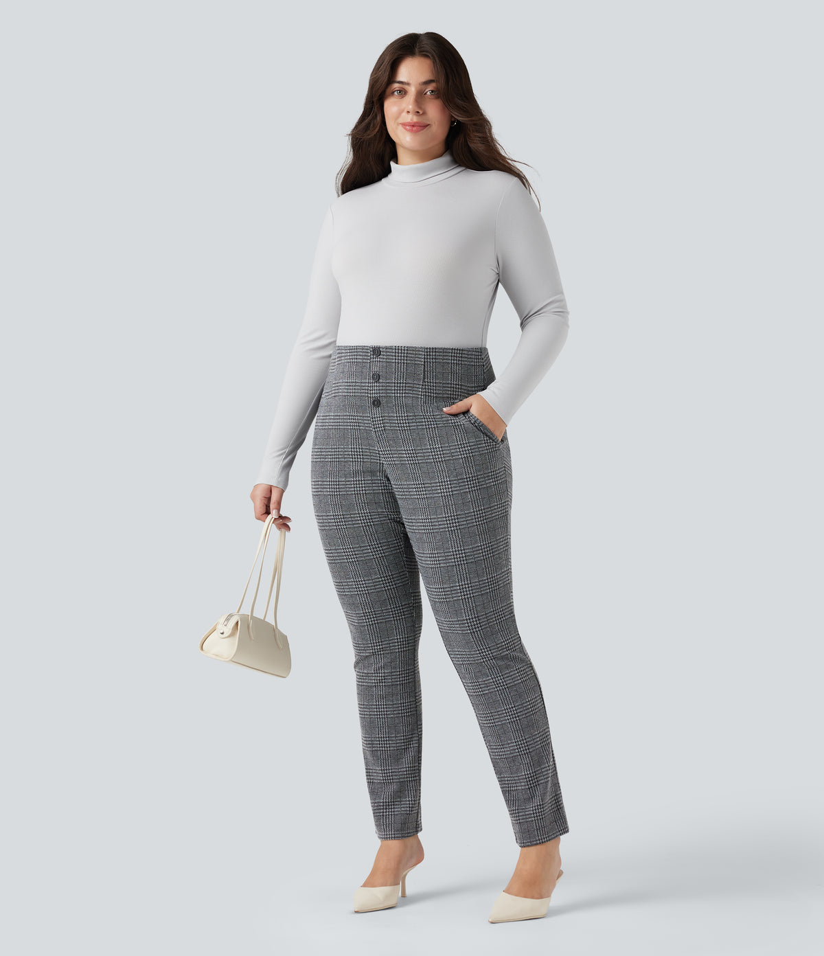 High Waisted Houndstooth Plaid Skinny Work Plus Size Trousers with Pockets — Dark Gray Plaid — view 6