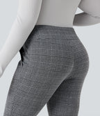 High Waisted Houndstooth Plaid Skinny Work Plus Size Trousers with Pockets — Dark Gray Plaid — view 5