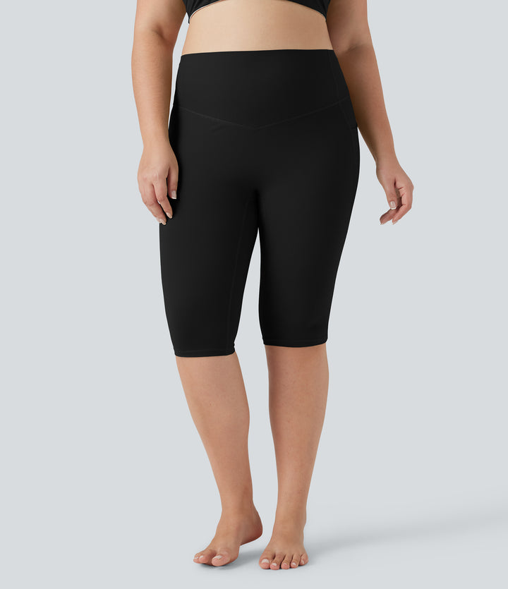 High Waisted Tummy Control Pedal Pusher Yoga Plus Size Leggings with Pockets — Black — view 8