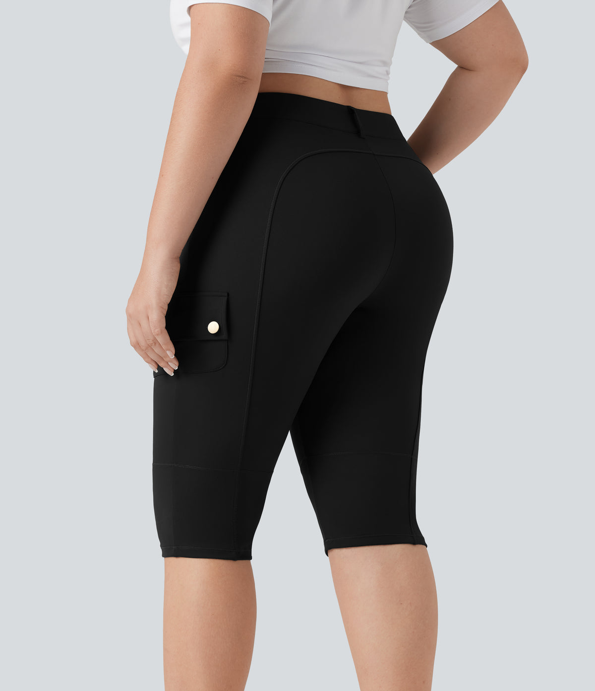 High Waisted Skinny Pedal Pusher Casual Plus Size Cargo Trousers with Pockets — Black — view 2