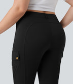 High Waisted Skinny Pedal Pusher Casual Plus Size Cargo Trousers with Pockets — Black — view 7