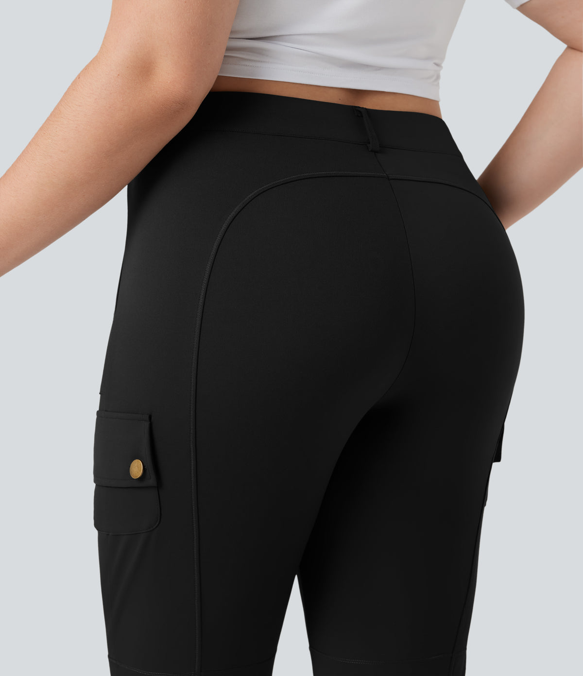 High Waisted Skinny Pedal Pusher Casual Plus Size Cargo Trousers with Pockets — Black — view 7
