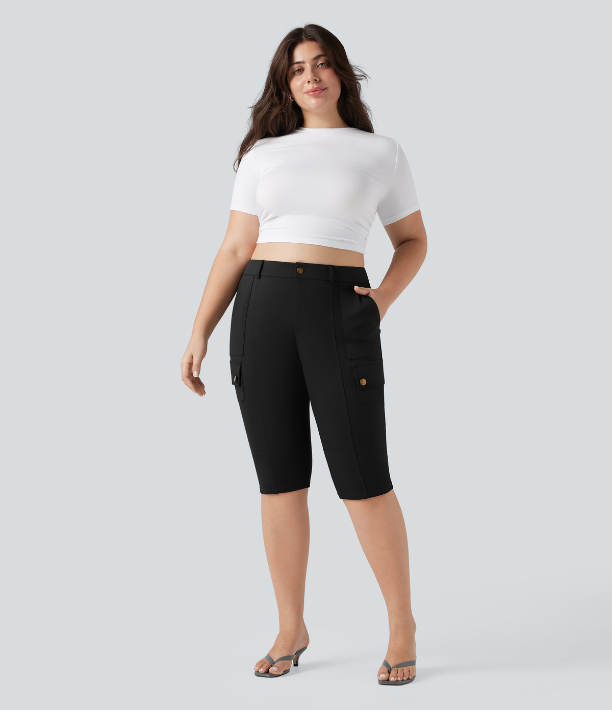 High Waisted Skinny Pedal Pusher Casual Plus Size Cargo Trousers with Pockets — Black — view 8
