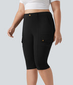 High Waisted Skinny Pedal Pusher Casual Plus Size Cargo Trousers with Pockets — Black — view 3
